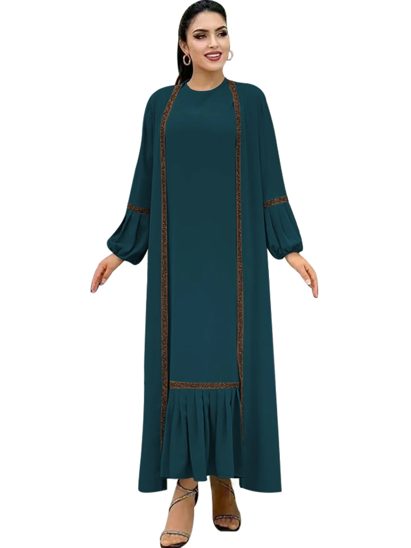 Muslim Kaftan Inner Dress Two-piece Set New Solid Color Beaded Outer ...
