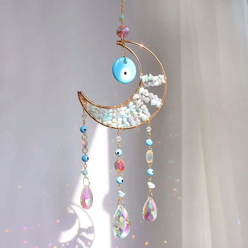 product new design rose quartz moon sun catcher with evil eye ornament home decor wall hanging car ornament crystal sun catcher-7