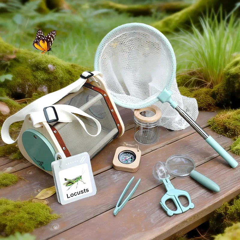 Kids Outdoor Explorer Set STEM Educational Toys Science Montessori Wooden Bug Catcher Kit with Magnifying Glass Butterfly Net