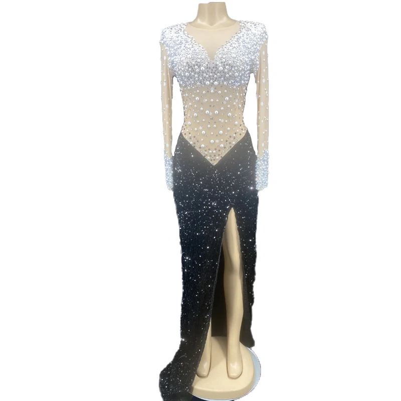Luxury Stage Show Performance Model Party Dress Long Sparkly Diamond Beaded  Black and White 21St Birthday Dress
