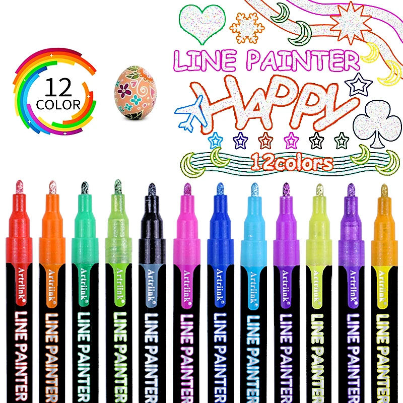 Custom 12 Color Double Line Outline Pen Graffiti Drawing Color Marker Student Hand Pen Marker Flash Highlighter Pen