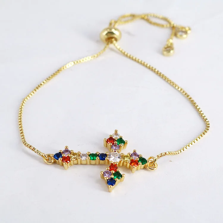 BC1269 Fashion  Adjustable Gold Plated Brass CZ Micro Pave Tiny rainbow Cross Wrist Chain Women  Bracelet