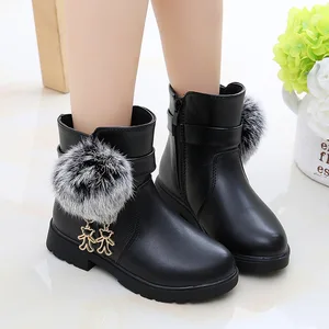 2026 Fashion Girl's Leather Snow Boots with Plush Fur Ball for Winter Season Zip Boots