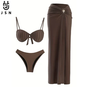JSN 2026 Customized OEM Fashionable Sexy Women's Solid Three Piece Bikini Set with High Cut Swimdress Push up Swimwear Beachwear
