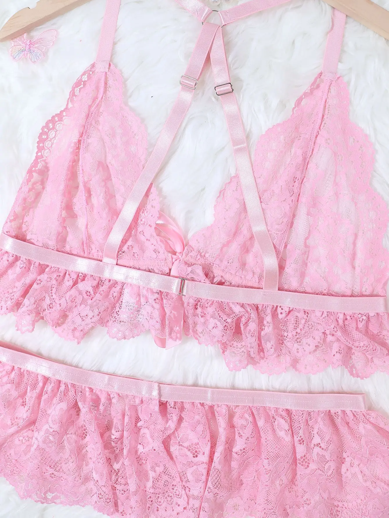 JSMANA Erotic Sexy Temptation Plus Size 2 Piece Set Lingerie Pink Color Sexy New Women Lace Bra Suit Ribbon Bow Top & Shorts Set