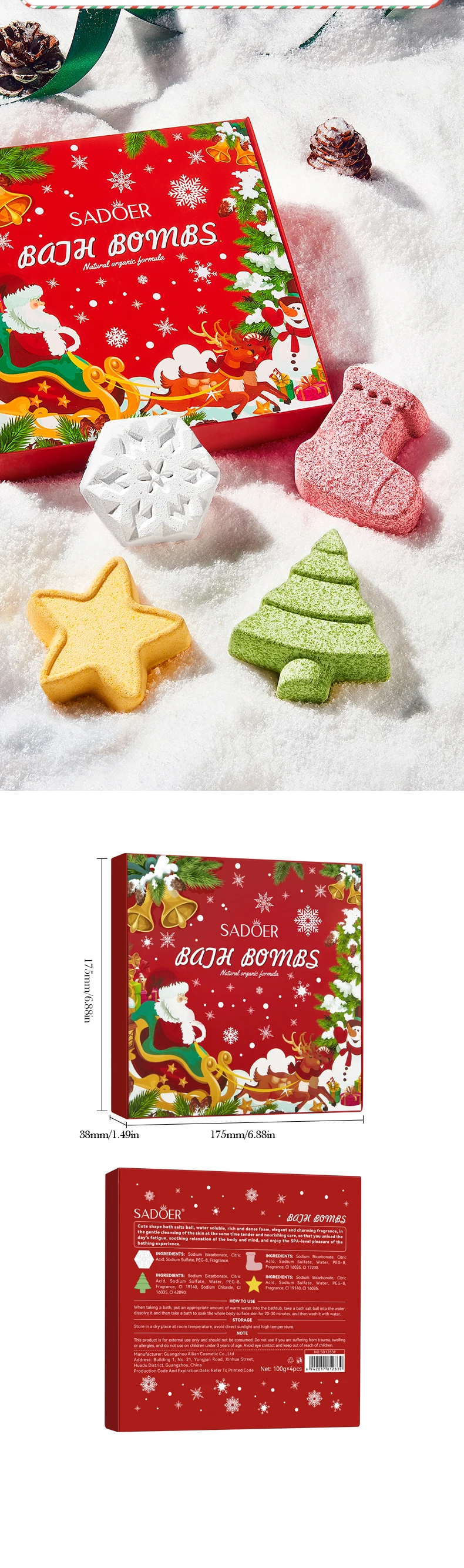 SADOER Private Label Christmas Bath Salt Boom Balls Gift Set Moisturize Smoothing Body Skin Care Shower Bath Salt Balls details