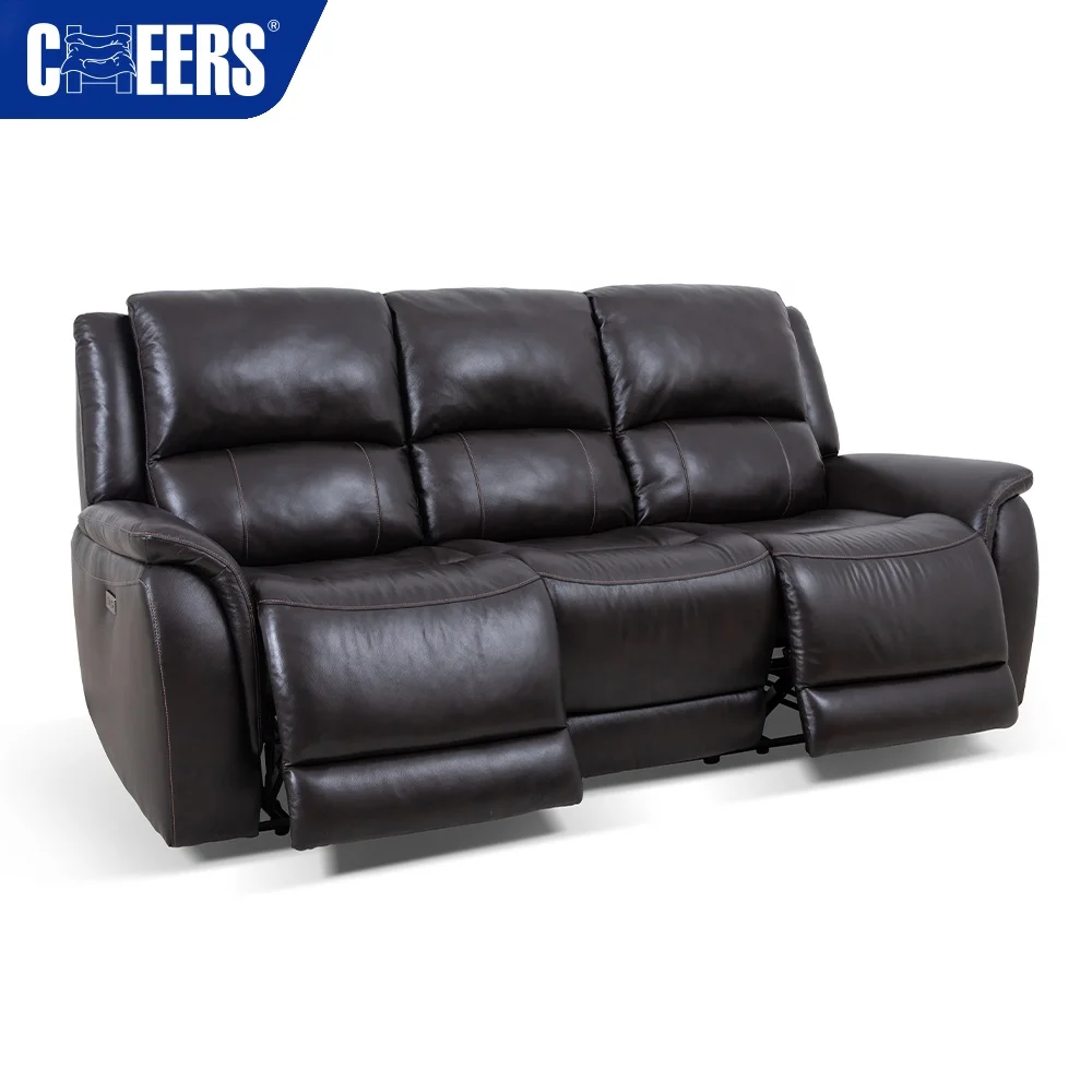 MANWAH CHEERS 3 Seater Recliner with High Back and Footrest Black Genuine Leather Triple Power Recliner Sofa American Style Sofa