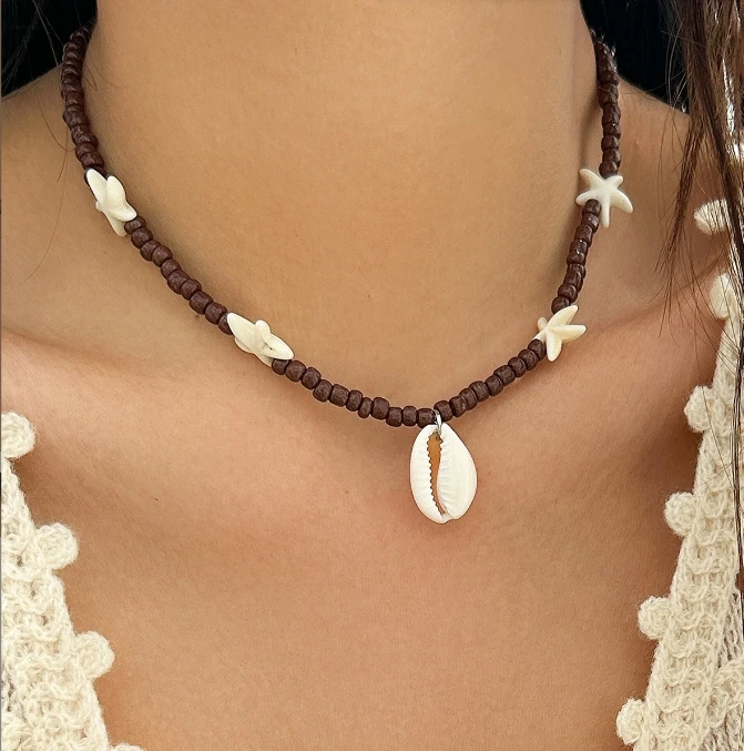 Hot Sale Shell Rice Beads Resin Necklace for Women Girls Fashion Starfish  Tortoise Pendant Pearl Chain Beach Summer Jewelry