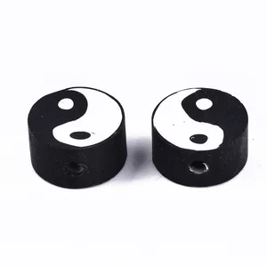 Pandahall Mizzen Handmade Polymer Clay Beads Flat Round Yin Yang Design Luxury 5mm  Ceramic Bead Caps Black Color