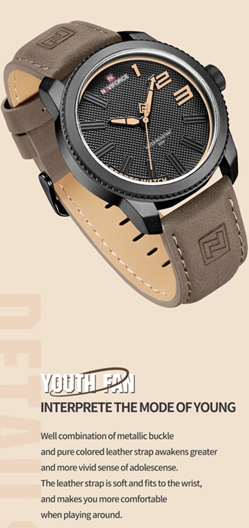 NAVIFORCE Brand 9202L Sports Watch Men Fashion Casual Quartz Wristwatch Male Date Waterproof Leather Analog Clock