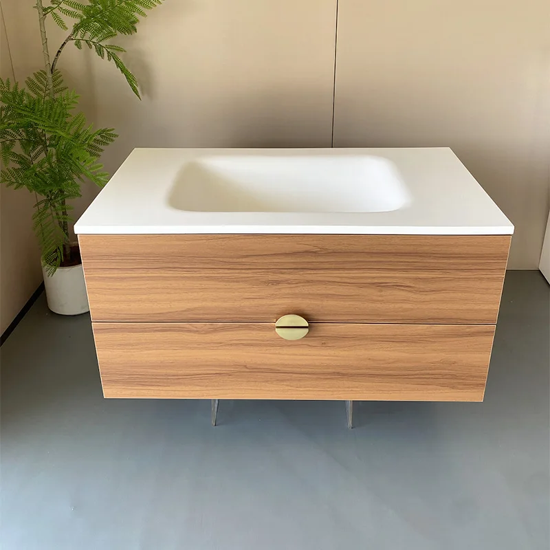 product wall mounted bathroom cabinet combination rock slab ceramic integrated basin bathroom shallow walnut washbasin-7