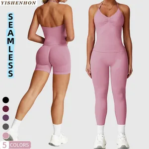 YISHENHON Wholesale Women's Gym Seamless Yoga Sets Custom Logo High Waist Legging Activewear Fitness  Breathable Sport Suits