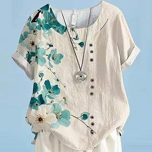 Women's Casual Elegant Floral Print Short Sleeve T-Shirt Crewneck Oversized Tops Lightweight Linen Cotton High Quality Basic Tee