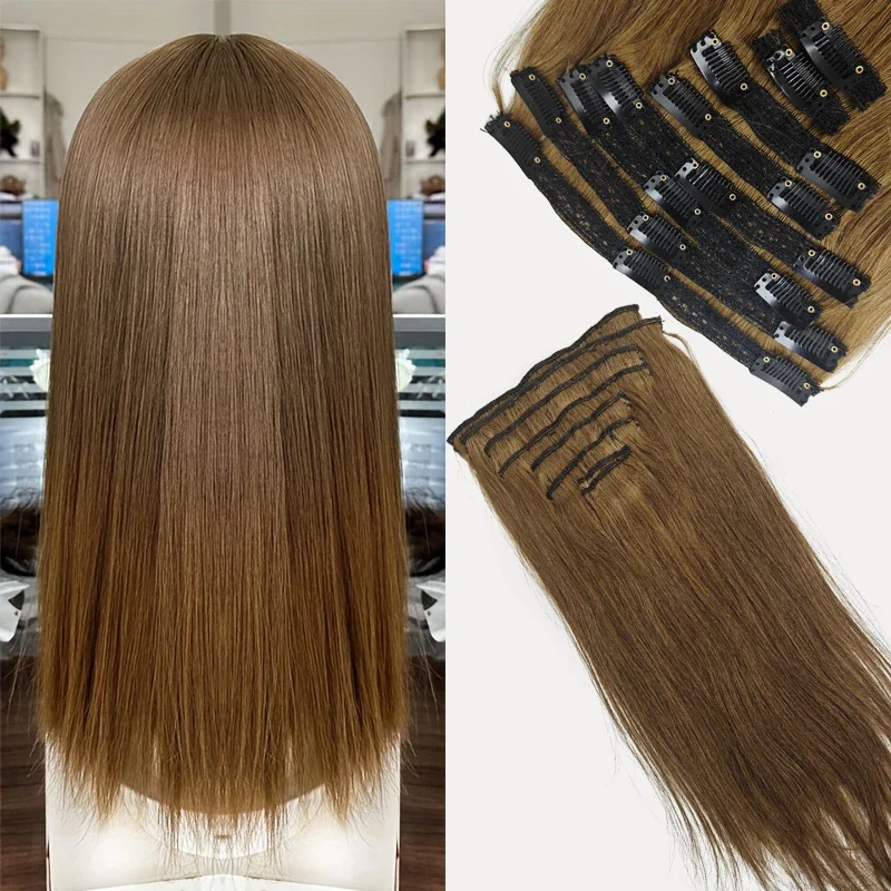 Echthaar Clip In Extensions Hellbraun Glatt 8 Teiliges Set_voghion.com