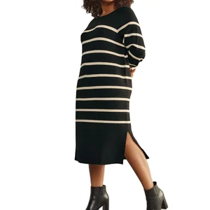 Wholesale Long Sleeve Side Slit Black & Ivory White Striped Clothing Women Casual Plus Size Maxi Dresses