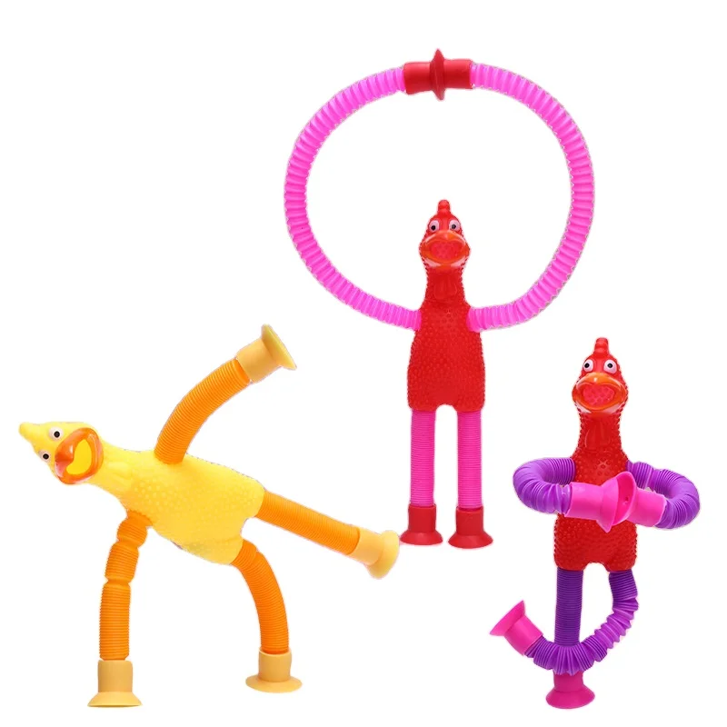 Wholesale Multi-color LED Light-Up Sensory Fidget Tube Rubber Chicken Toy for Kids Pops Tube With Suction Cup Box Packed