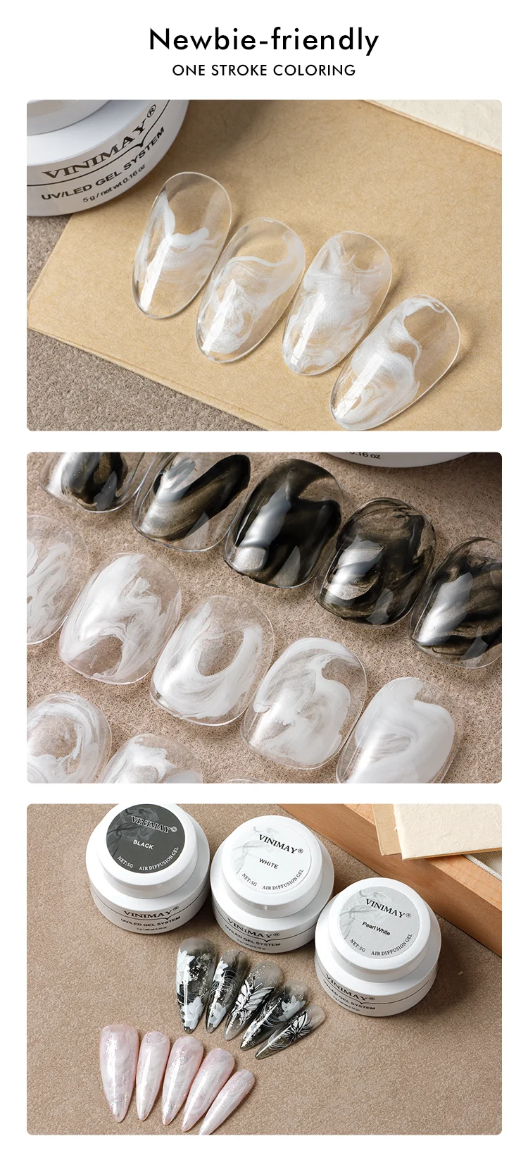 product vinimay new arrival diffusion gel black white pearl white three color air blooming gel matching reinforce base coat for nail art-8