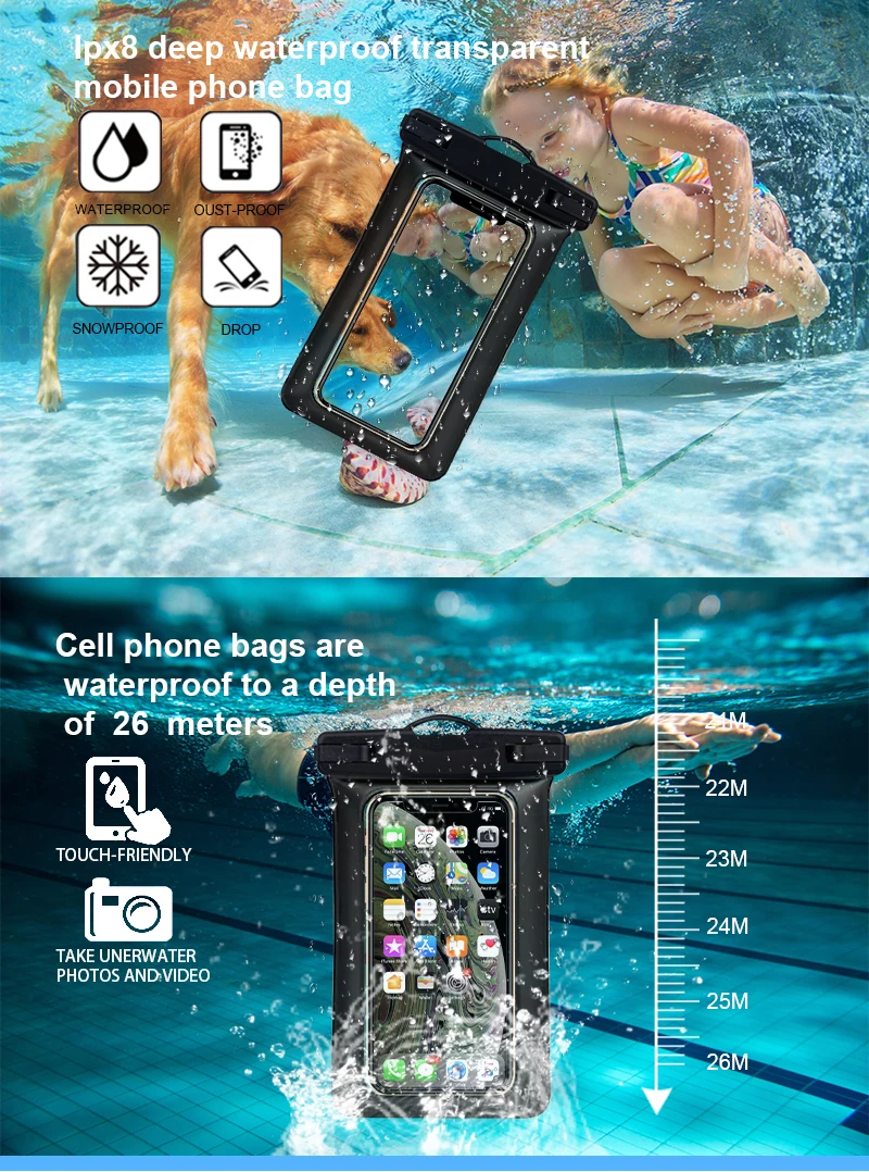 Shockproof IPX8 Universal Mobile PVC Pouch Unbreakable Floating Waterproof Cell Phone Bag