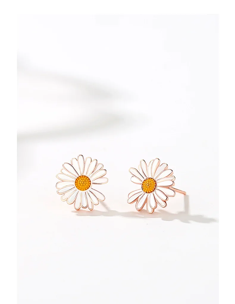 925 Sterling Silver Gold Plated Earrings Stud ROSE with White Enamel