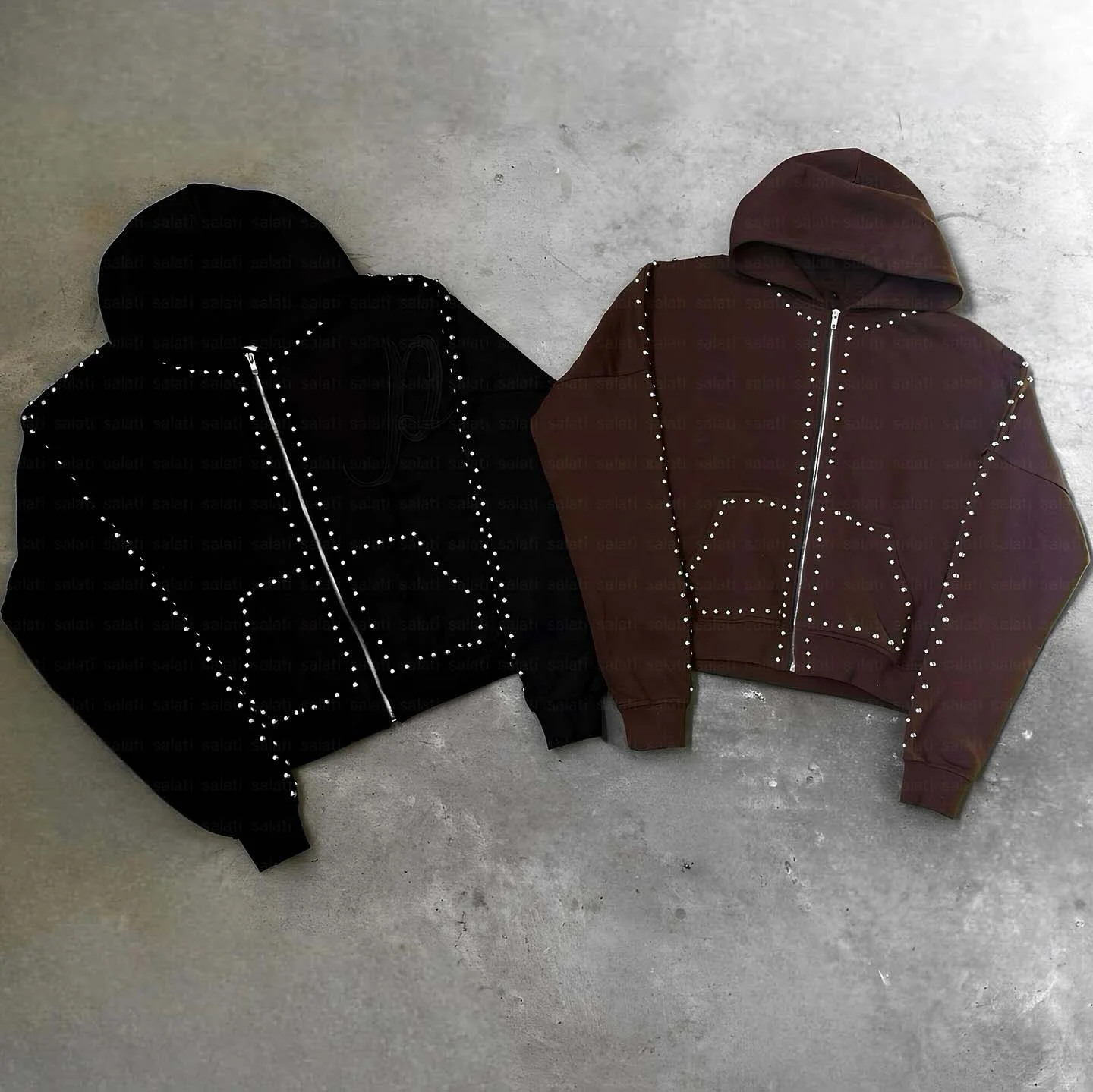 Custom Men Winter Zip Breathable Hoodie Jogger Sweatpants Blank Embroidery Tracksuit Rivet Lightweight Flared Stacked Unisex gallery 3