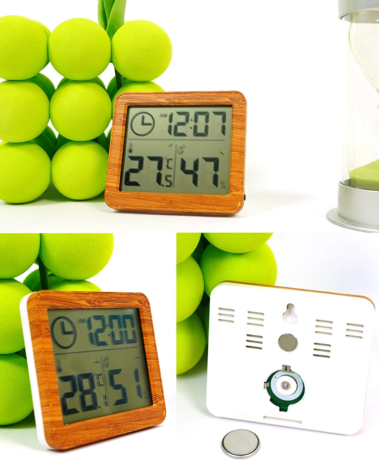Quadrate Water Transfer Bamboo Indoor Digital Thermometer Electronic Hygrometer Humidity and Temperature Hanging Hole Brackets