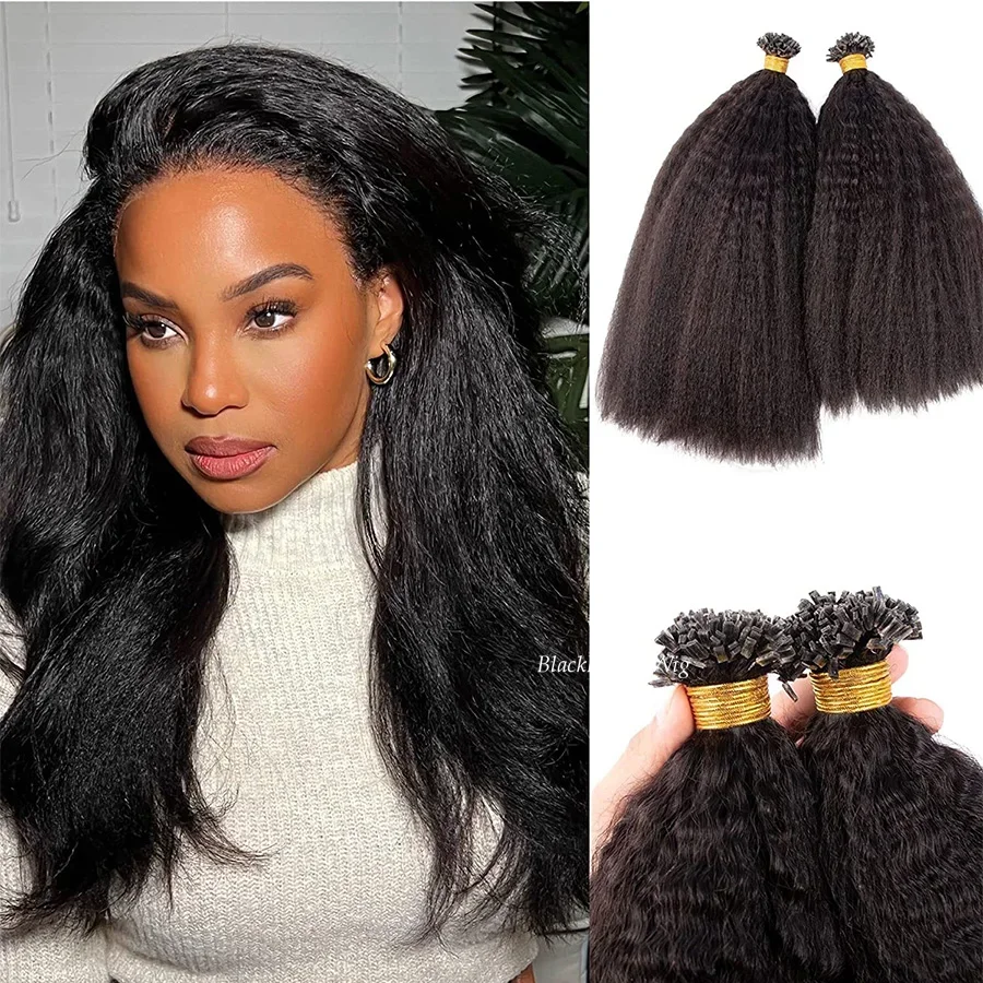Extension de cheveux humains crépus raides à pointe plate, cheveux mongols Remy pré-collés à la kératine, fusion K Tip, cheveux épais italiens Yaki_voghion.com