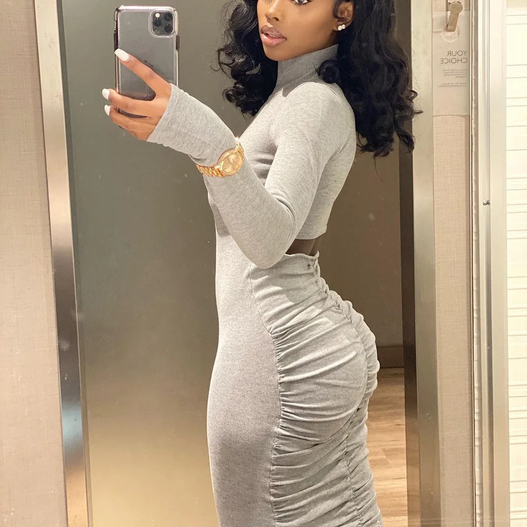 knee length dresses for ladies Final Sale Plus Size Long Sleeve Velvet Ruched Bodycon Dress with Bott main image 1