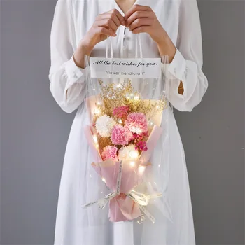 Portable Rose Gypsophila Dried Flower Bouquet + LED Light + Gift Bag Flower Gift Box Valentine's Day Birthday Gift Bride Bouquet