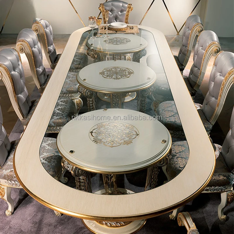 Luxury Royal Furniture Villa Hand Carved Dining Table Set For 10 People