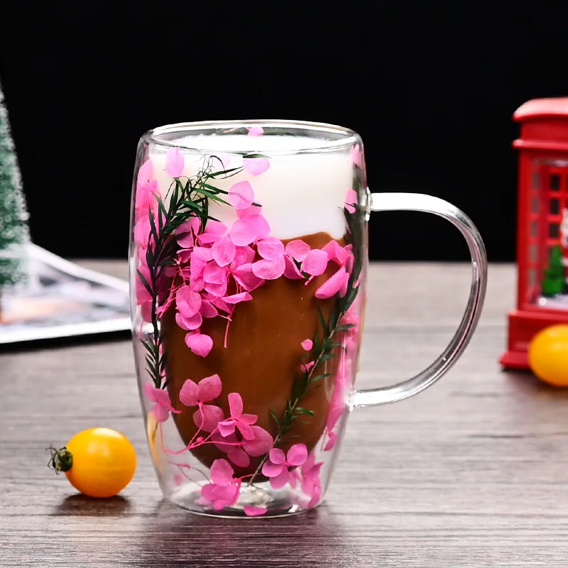 Dry Flower Cup ODM/OEM Manufacturers Custom LOGO High Borosilicate Double Wall Glass Cup with Dry Flower
