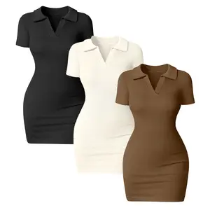 High Quality Women's Sexy V-neck Tight Fitting Mini Dress Short Sleeves for Spring Summer Washable Worsted Spandex Solid Pattern
