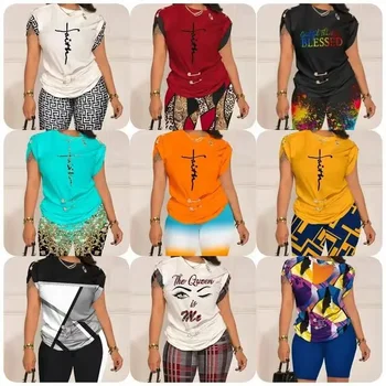2023 Casual Summer Women Short Outfits Letter Print Crop Top T Shirt And Shorts Matching Summer Women's Two Piece Short Set