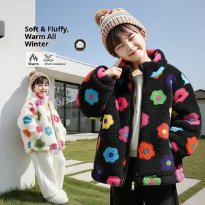 Customizable Girls Fleece Jacket Vivid Flower Pattern Trendy Chain Detail Casual Winter Coat Clothes for Kids