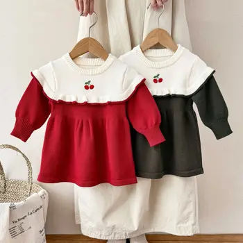 Ins 2025 Girls' Slim Fit Princess Dress for Spring and Autumn Casual Crocheted Lace Embroidered Cherry First Birthday Dress