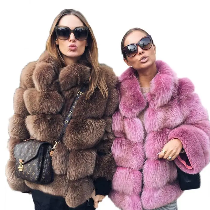 Women‘s Faux Shearling Lamb Fur Coat Fox Fur Hooded Winter Jacket Warm Outwear