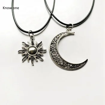 Dropshipping Black Wax Rope Chain Jewelry Alloy Charms Sun Crescent Moon Shape Pendant Necklace Tibetan Silver Necklaces /