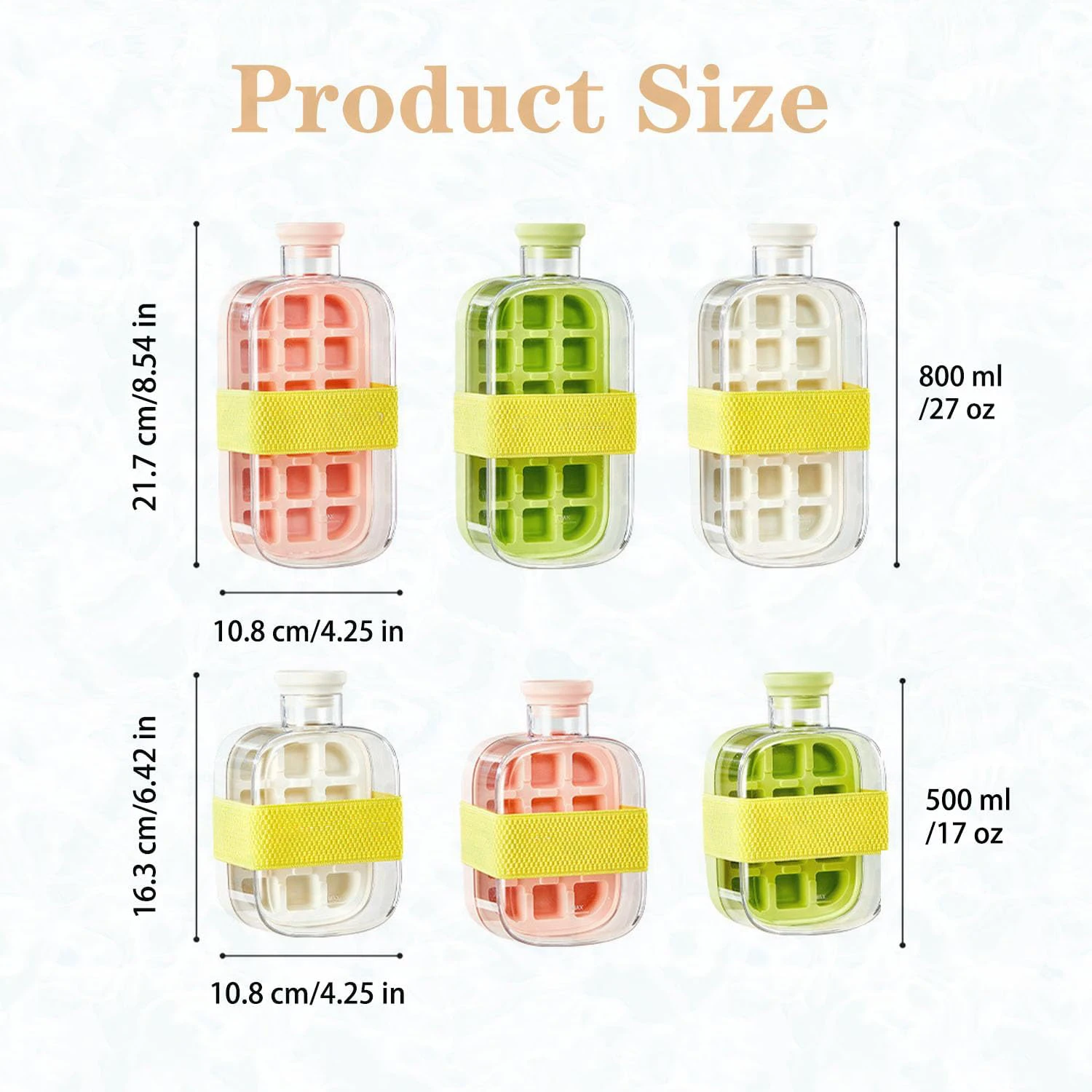 Summer 2 in 1 Ice Cube Water Bottle Easy Release Ice Mold for Freezer 500ml 800ml Touch-Free Ice Cube Tray with Lid and Bin