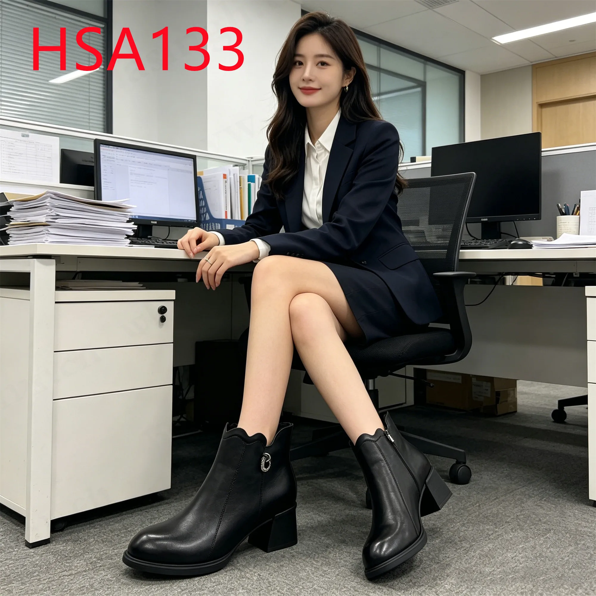 HY,Hotel&Bank Work Mid-cut Full Grain Leather Women Dress Shoes square Heel Style Lady Offical Shoes with Side Zipper HSA133