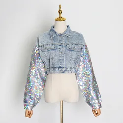 2021 spring new European and American sexy fashion jacket sequined denim stitching temperament short coat for women