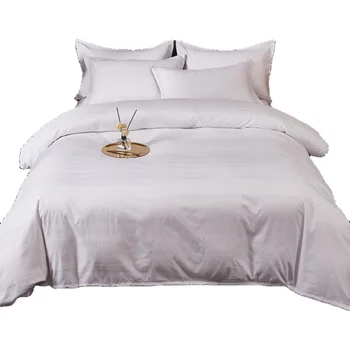 100 long staple cotton sateen Gray 3-cm satin strip white hotel linen duvet comforter bedding sets four-piece set