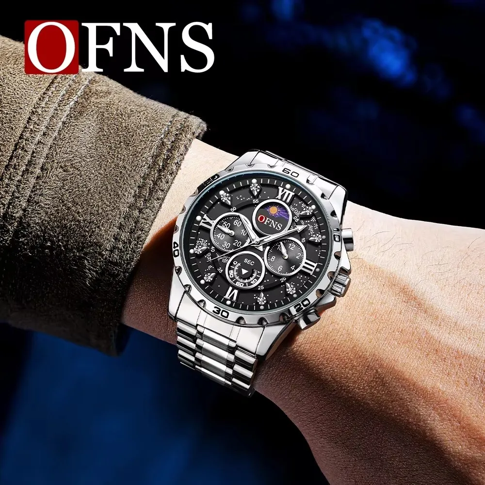 OFNS 1523 Hot Selling Men's Steel Band Six Needle Quartz Watch Fashion  Simple Night Glow Waterproof Fashion Men's Watches
