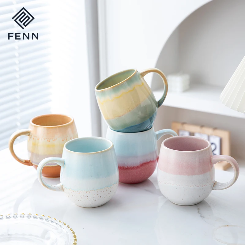 FENN Novelty Style Gradient Reactive Glaze Pot Belly Mug Large Ceramic Handmade Coffee Mugs Cup Stoneware Chubby Mug for Gift