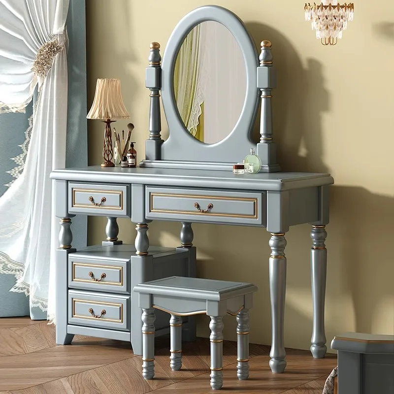 American Antique and Old Roman Column Carved Round Feet With Drawers and  Mirror Oak Solid Wood Dressing Table