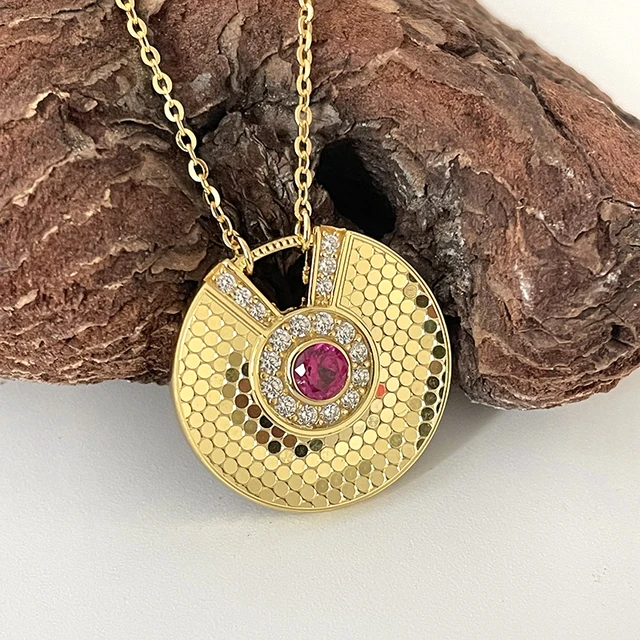 Carline custom OEM jewelry 925 sterling silver 18k gold plated women luxury zircon red corundum CNC carved pendant necklace