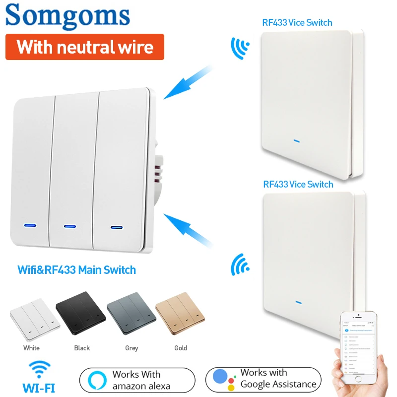 Wi-Fi умный настенный выключатель RF433 кнопочный с нейтральной 1/2/3 Gang UK/EU Smart Life APP Беспроводной Выключатель света дистанционным голосовым