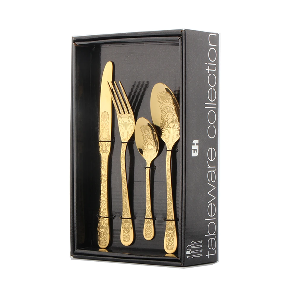 Zara Home Gold Pvd Plating Flower Embossed Engraved Stainless Steel Spoons Tableware Utensils