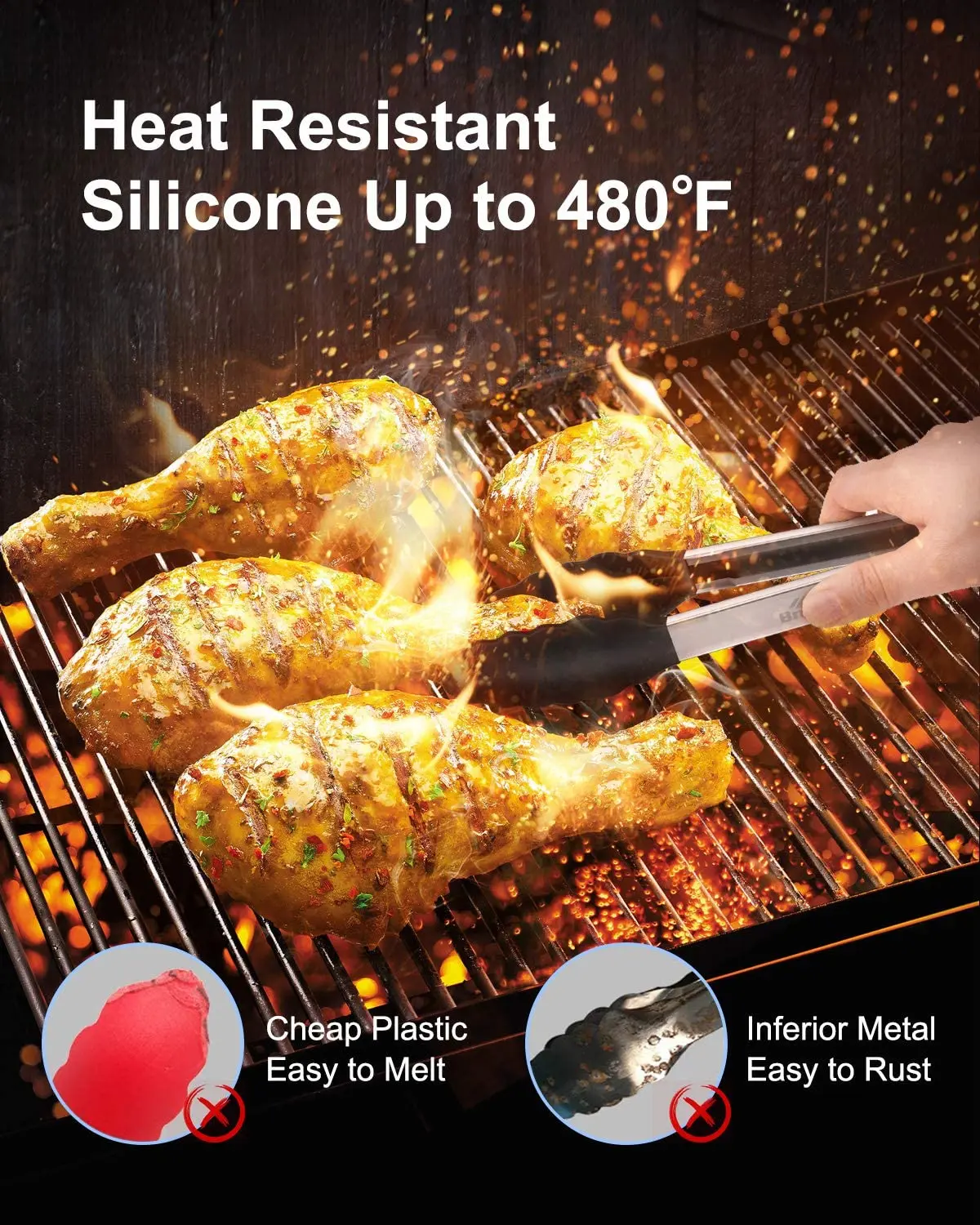 USSE BPA Free Stylish Stainless Steel Tongs Silicone Tipped, Kitchen Food BBQ and Cooking Tongs Set details