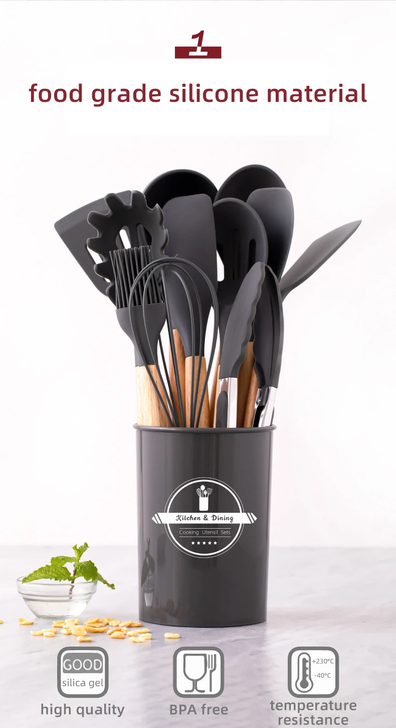 12 Piece Silicone Kitchen Utensils Set Heat Resistant Cookware Wooden ...