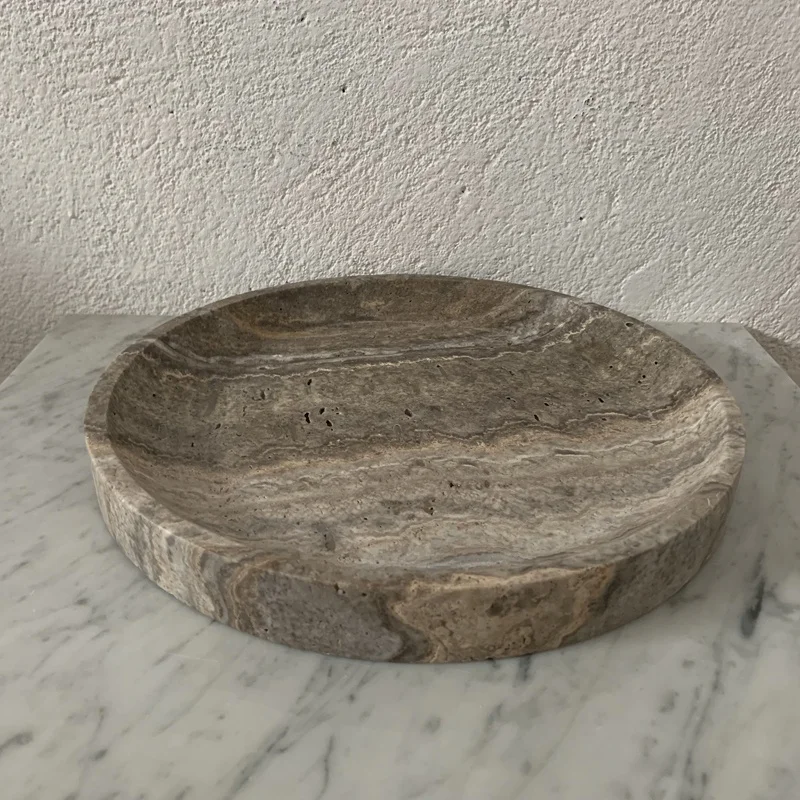 Серебристо-серый травертин лоток dia30x3cm с тонкими краями травертин круглый лоток