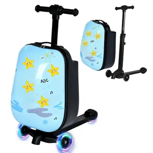Light Blue 4-in-1 Detachable Foldable Hardside Suitcase with LED Wheels Convertible Scooter Backpack Luggage for Kids & Adults